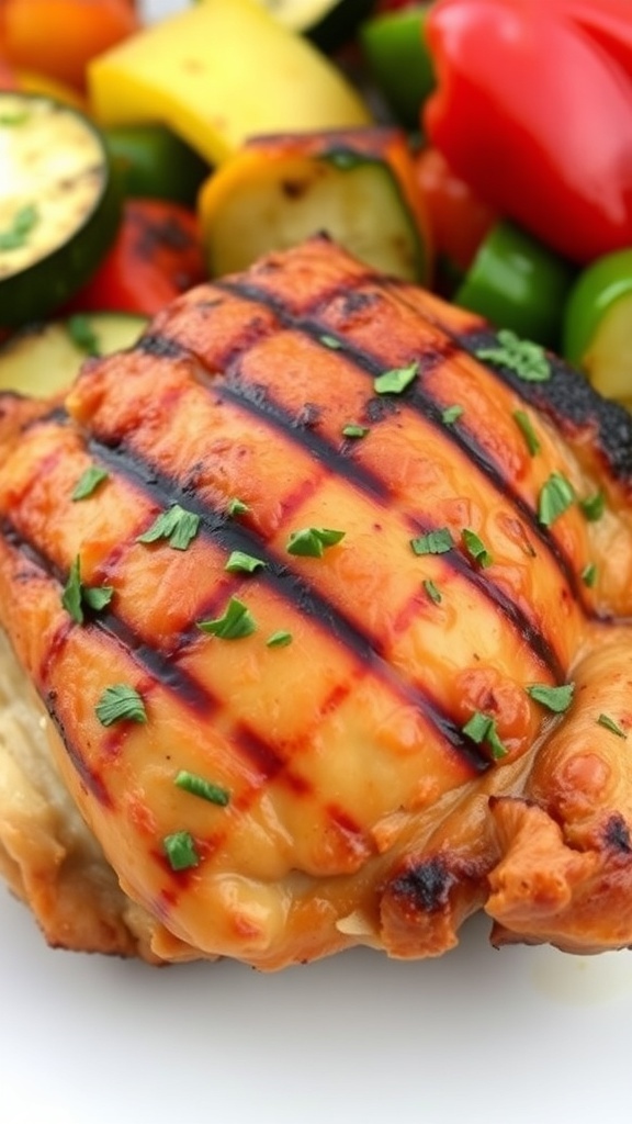 Grilled chicken thigh on a plate with herbs and grilled vegetables.